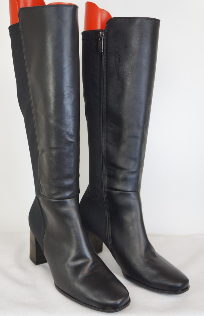 Paul Green Belmont Knee High Boots Black Leather Block Heel Women US 8.5 UK 6